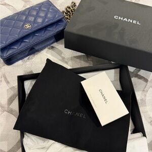 CHANEL Blue Quilted Leather Crossbody Wallet-on-Chain with Gold Tone Hardware